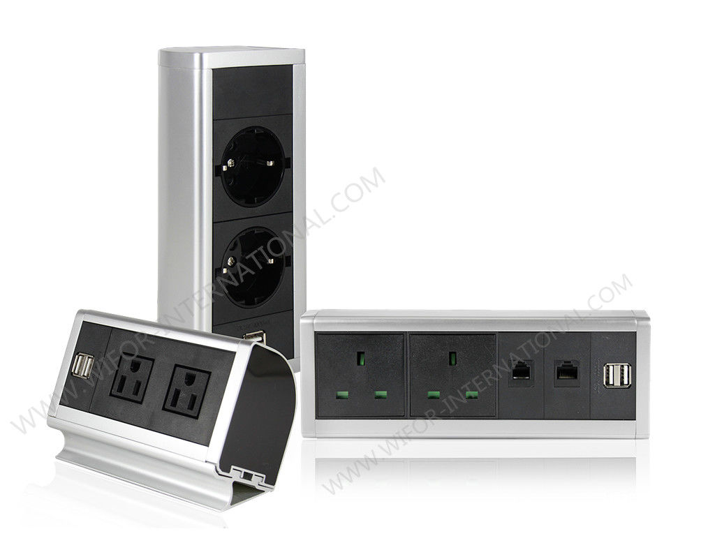 110 - 250V Aluminum Edge Desk Mountable Power Strip Silver Or Black Color